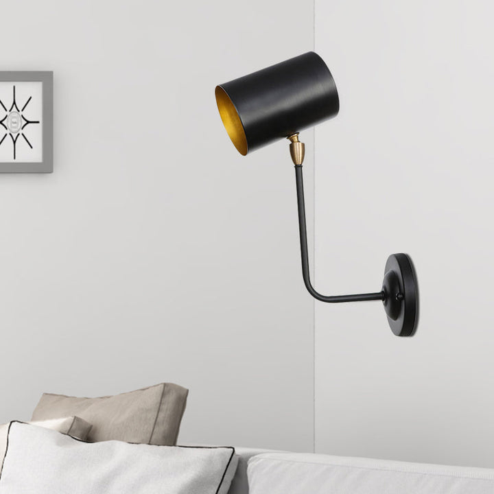 Lisslune | Antiqued Right Angle Arm Wall Lamp 1 Lamp 6"/10" T Iron Wall Mounted Light in Black and Inner Gold with Cylindrical Shade