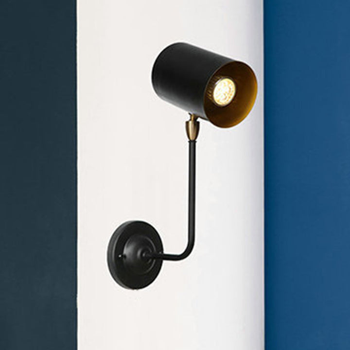 Lisslune | Antiqued Right Angle Arm Wall Lamp 1 Lamp 6"/10" T Iron Wall Mounted Light in Black and Inner Gold with Cylindrical Shade