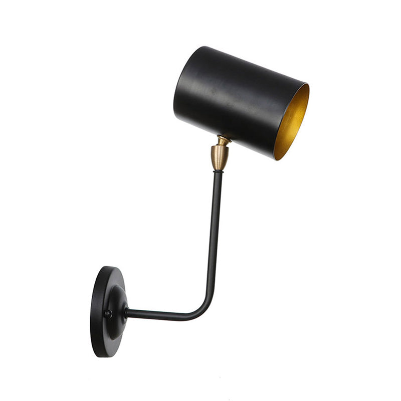 Lisslune | Antiqued Right Angle Arm Wall Lamp 1 Lamp 6"/10" T Iron Wall Mounted Light in Black and Inner Gold with Cylindrical Shade