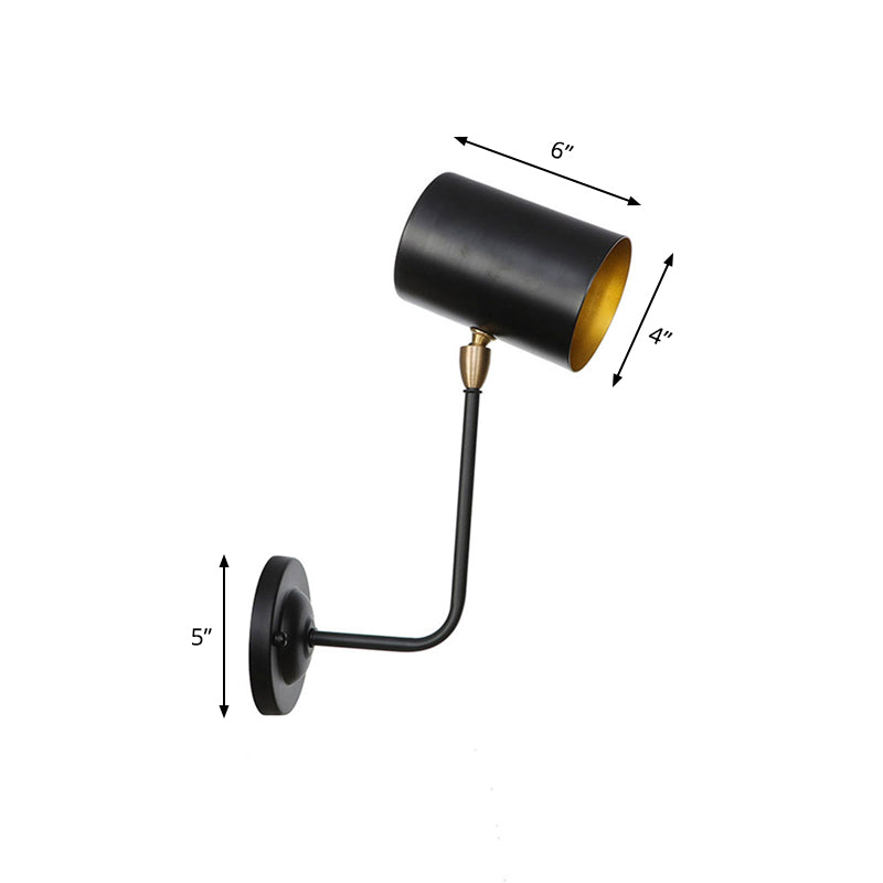 Lisslune | Antiqued Right Angle Arm Wall Lamp 1 Lamp 6"/10" T Iron Wall Mounted Light in Black and Inner Gold with Cylindrical Shade