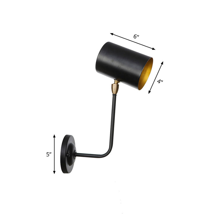 Lisslune | Antiqued Right Angle Arm Wall Lamp 1 Lamp 6"/10" T Iron Wall Mounted Light in Black and Inner Gold with Cylindrical Shade