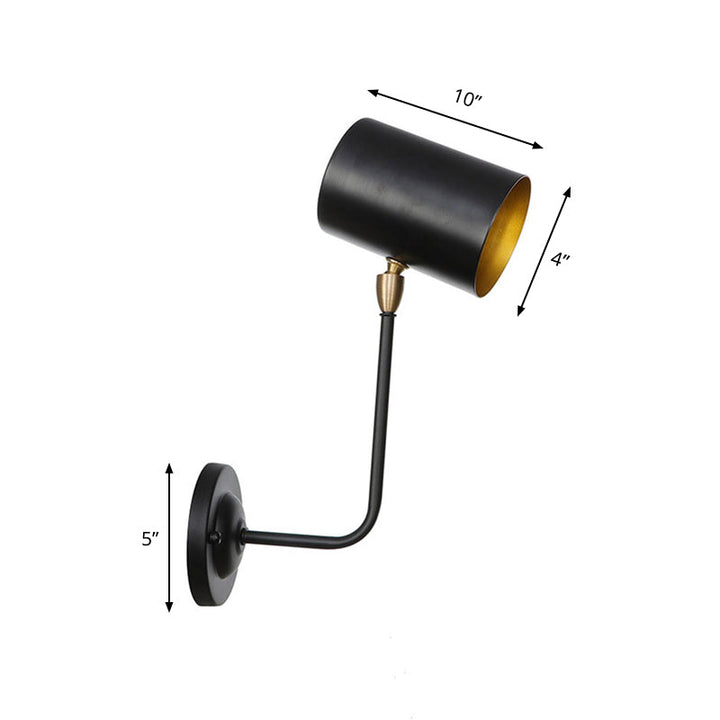 Lisslune | Antiqued Right Angle Arm Wall Lamp 1 Lamp 6"/10" T Iron Wall Mounted Light in Black and Inner Gold with Cylindrical Shade