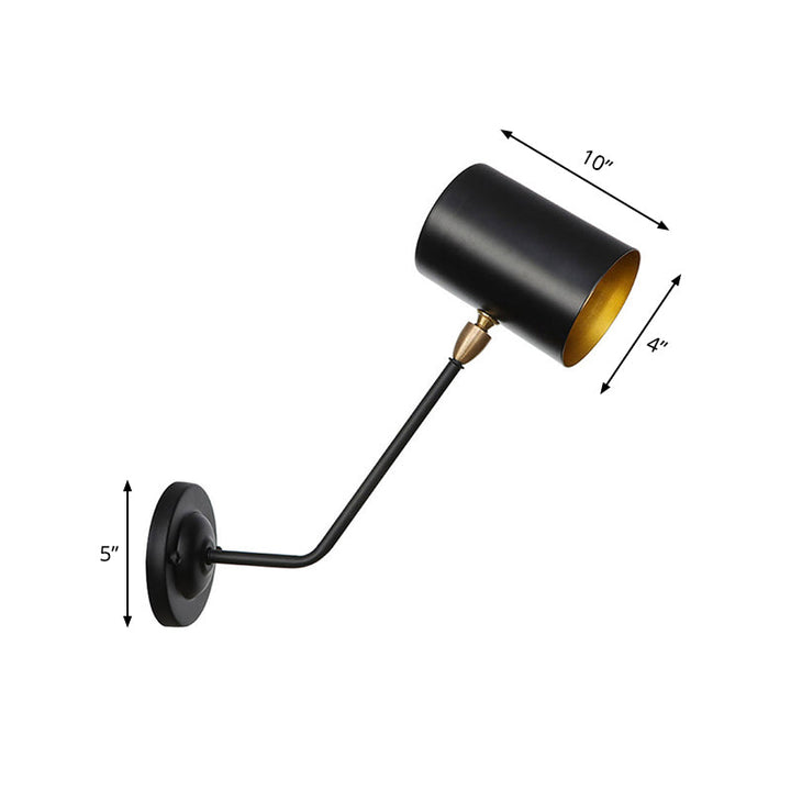 Lisslune | Metal cylindrical wall lamp sconce industrial 6"/10" high 1-light bedroom wall lamp fixture in black with sloping arm