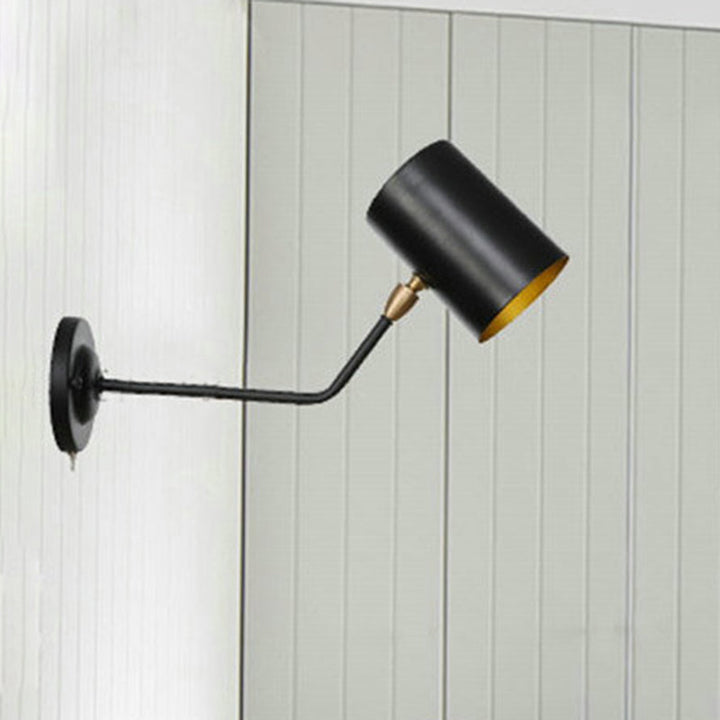 Lisslune | Right Angle Arm Iron Wall Light Vintage 1-Light Study Room Wall Mount Fixture in Black with Cylinder Shade, 6"/10" H
