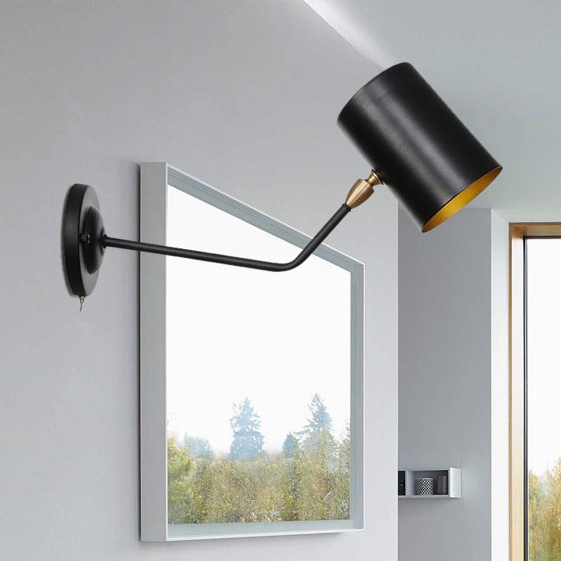 Lisslune | Right Angle Arm Iron Wall Light Vintage 1-Light Study Room Wall Mount Fixture in Black with Cylinder Shade, 6"/10" H