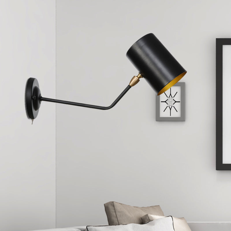 Lisslune | Right Angle Arm Iron Wall Light Vintage 1-Light Study Room Wall Mount Fixture in Black with Cylinder Shade, 6"/10" H
