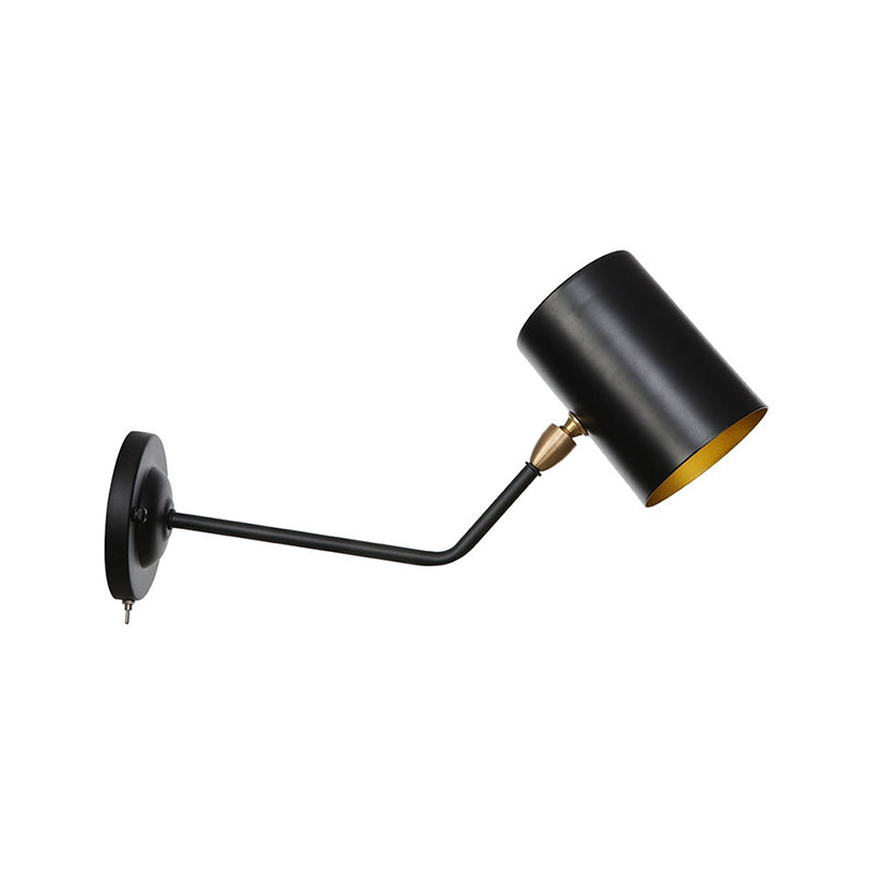 Lisslune | Right Angle Arm Iron Wall Light Vintage 1-Light Study Room Wall Mount Fixture in Black with Cylinder Shade, 6"/10" H