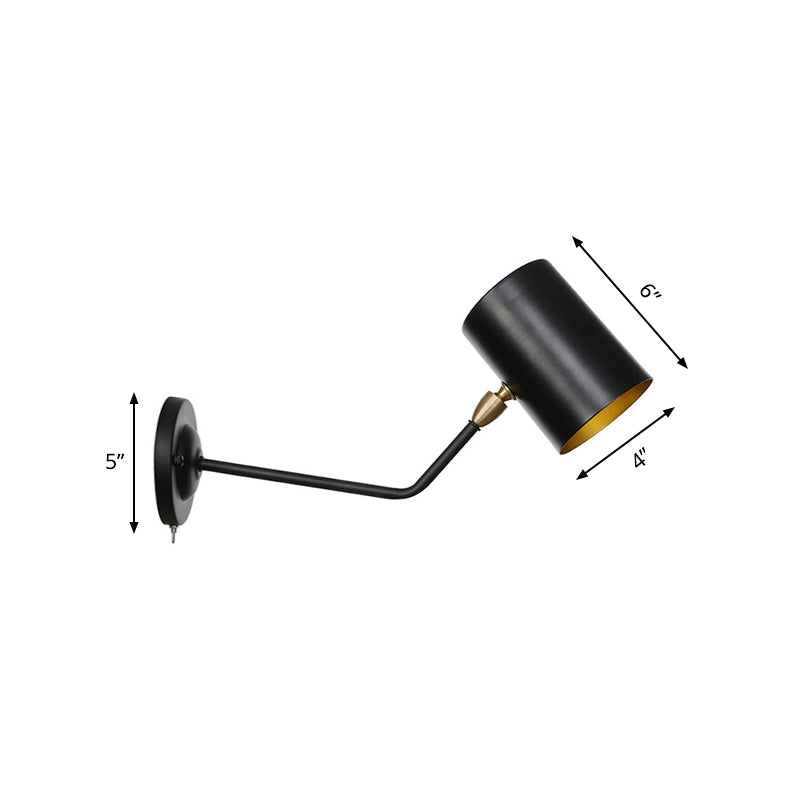 Lisslune | Right Angle Arm Iron Wall Light Vintage 1-Light Study Room Wall Mount Fixture in Black with Cylinder Shade, 6"/10" H