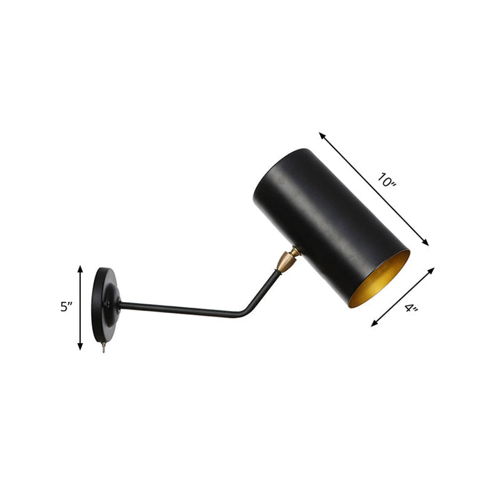 Lisslune | Right Angle Arm Iron Wall Light Vintage 1-Light Study Room Wall Mount Fixture in Black with Cylinder Shade, 6"/10" H