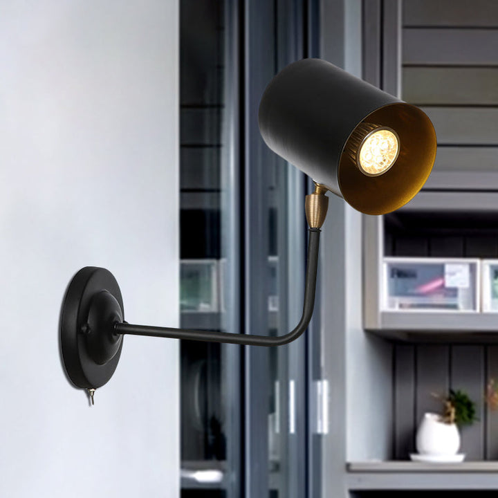 Lisslune | 1 Light Sconces Lighting Fixture Industrial Cylinder Metal Wall Lamp in Black with Curved Arm for Bedside