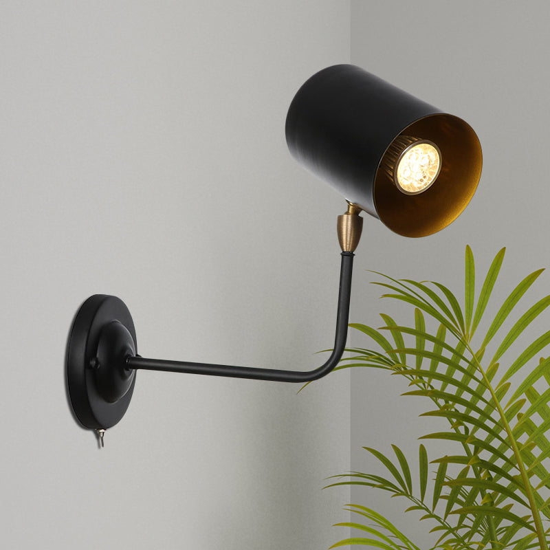 Lisslune | 1 Light Sconces Lighting Fixture Industrial Cylinder Metal Wall Lamp in Black with Curved Arm for Bedside