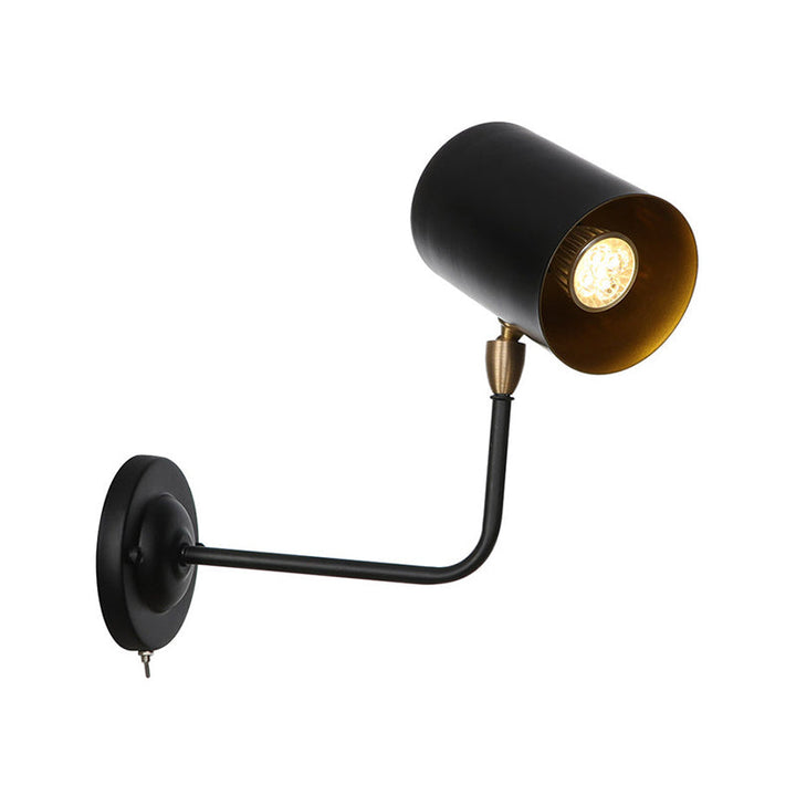 Lisslune | 1 Light Sconces Lighting Fixture Industrial Cylinder Metal Wall Lamp in Black with Curved Arm for Bedside