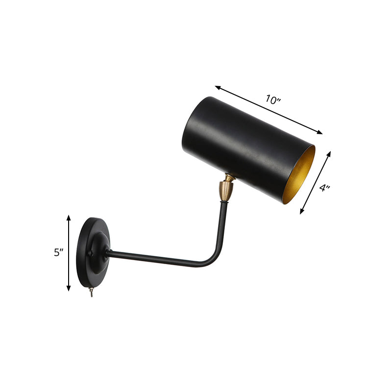 Lisslune | 1 Light Sconces Lighting Fixture Industrial Cylinder Metal Wall Lamp in Black with Curved Arm for Bedside