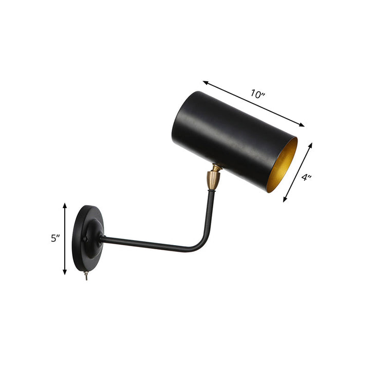 Lisslune | 1 Light Sconces Lighting Fixture Industrial Cylinder Metal Wall Lamp in Black with Curved Arm for Bedside