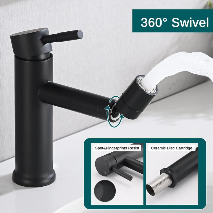 Lisslune | 360° Rotating Mat Black Bathroom Basin Mixer Tap with Dual Water Flow Modes