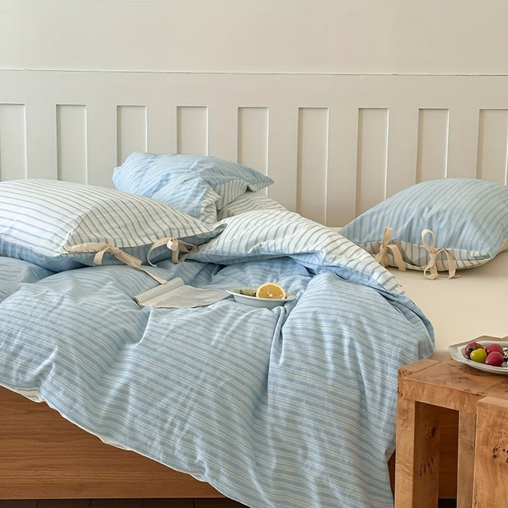 Lisslune | 3pcs, Neuer Koreanischer Stil Schleifen-Design Baumwoll-Set: Bettbezug*1 + Kissenbezüge*2, Koreanisches Schleifen-Design, Standardgröße A, Gestreiftes Muster mit Schleifendekoration, Stilvoll und Elegant