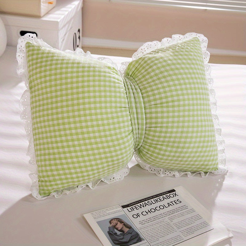 Lisslune | Niedliches Schleifen-Karomuster-Wurfkissen - Minimalistischer Stil Dekokissen mit Spitzenborte, 100% Polyester, Maschinenwaschbar für Wohnzimmer, Schlafzimmer & Rücksitz des Autos - Pink, Blau, Grün, Gelb, Gemütliche Wohnakzente | Polye