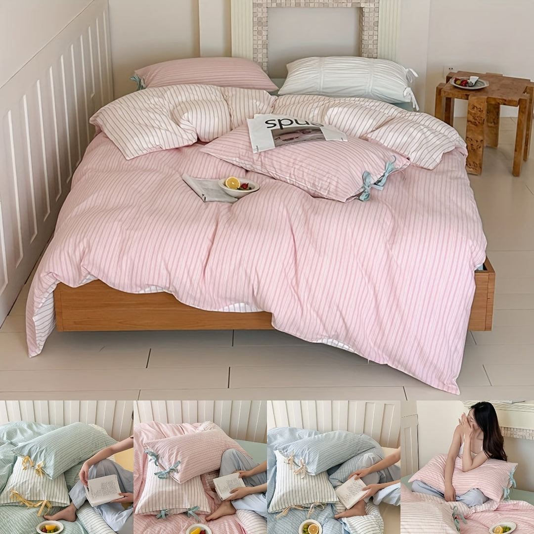 Lisslune | 3pcs, Neuer Koreanischer Stil Schleifen-Design Baumwoll-Set: Bettbezug*1 + Kissenbezüge*2, Koreanisches Schleifen-Design, Standardgröße A, Gestreiftes Muster mit Schleifendekoration, Stilvoll und Elegant