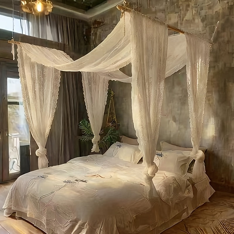 Lisslune | [2-Panel Luxus Baldachin] 2-Panel Durchsichtiger Luxus Weißer Baldachin Bettvorhänge | Elegante Spitze Für Voll-/Königin Bett | Kein Pole