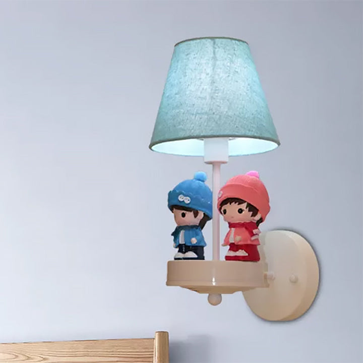 Skørter | Cartoon Tapered Shadow Wall Lamp with Kid Deco Fabric One Light Blue Wall Lamp for Hallway
