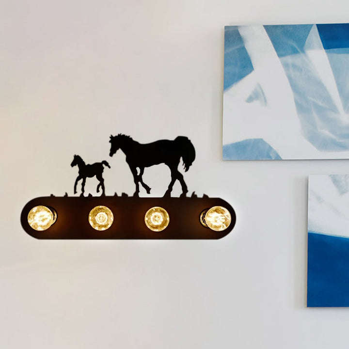 Skørter | Black Conveyor Belt Wall Light with Horse 4 Lights Antique Metal Wall Light for Restaurant