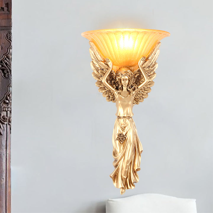 Skørter | Uplight Wall Lamp Satin Glass Vintage Style Gold Resin Decorative Wall-Mounted Wall Lamp with Angel Design