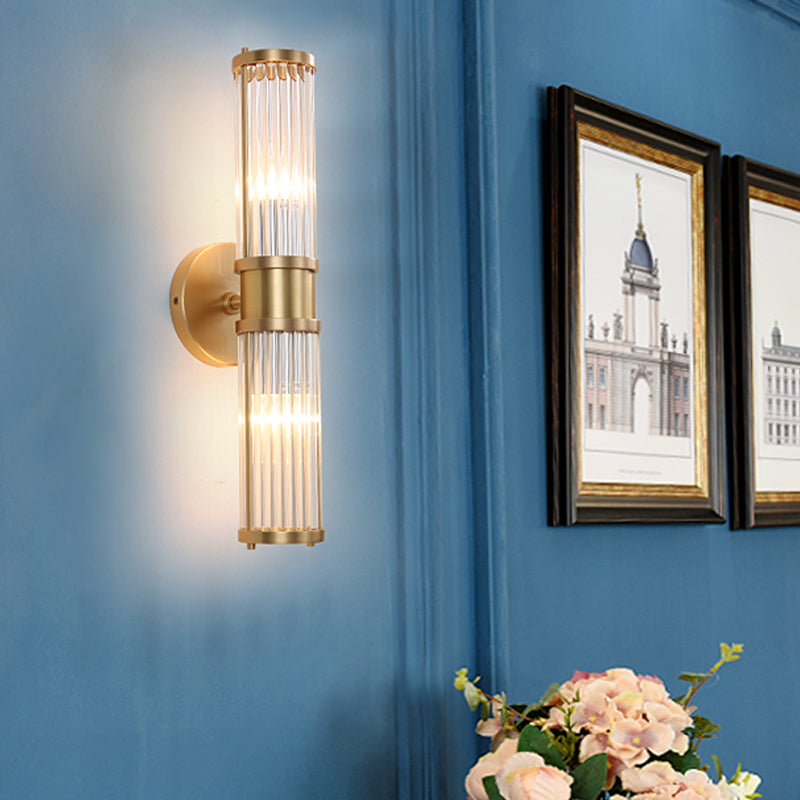 Skørter | 1/2-Light Hall Wall Light Modernist Stylish Golden Wall Light with Cylindrical Clear Crystal Shade