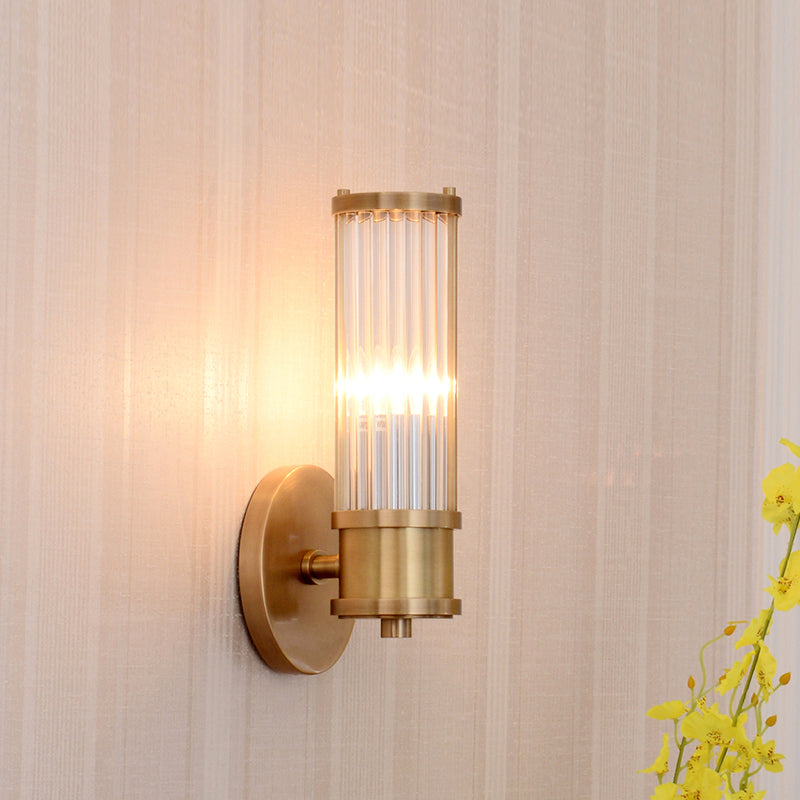 Skørter | 1/2-Light Hall Wall Light Modernist Stylish Golden Wall Light with Cylindrical Clear Crystal Shade