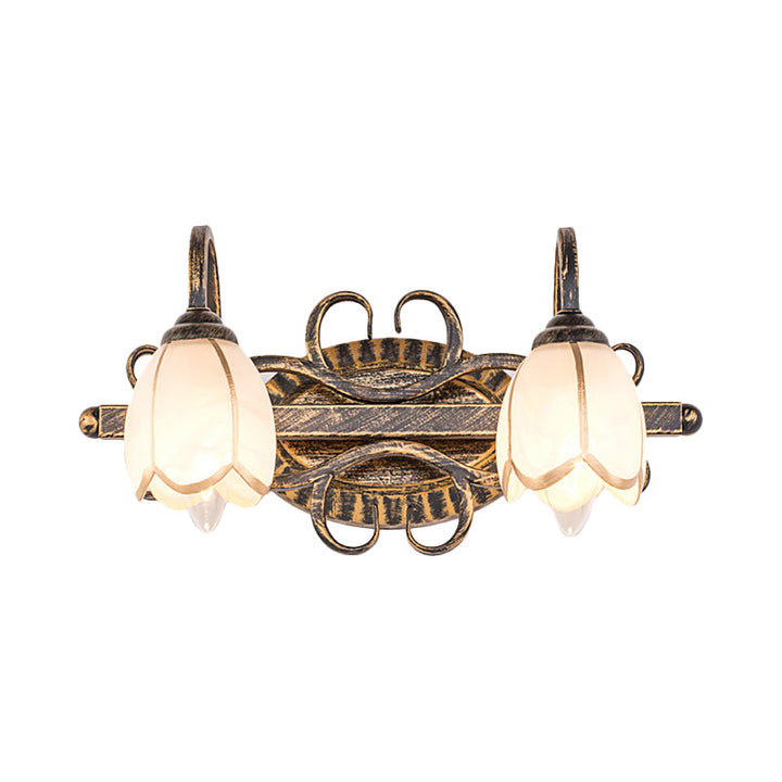 Skørter | 2/3 Lights Frosted Glass Vanity Light Fixture Traditional Antique Brass Flower Shaped Bathroom Lighting Fixture