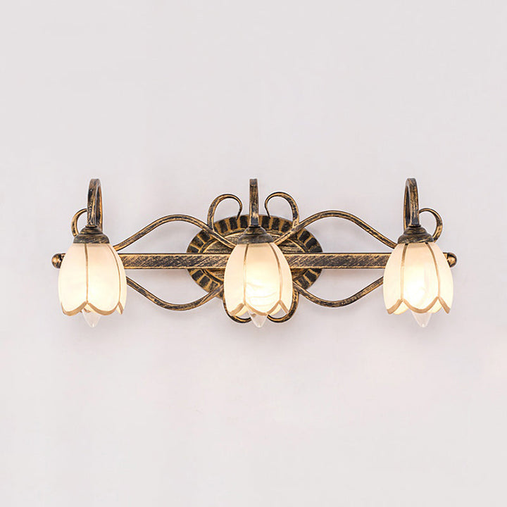 Skørter | 2/3 Lights Frosted Glass Vanity Light Fixture Traditional Antique Brass Flower Shaped Bathroom Lighting Fixture