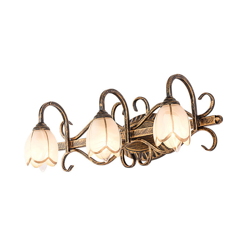 Skørter | 2/3 Lights Frosted Glass Vanity Light Fixture Traditional Antique Brass Flower Shaped Bathroom Lighting Fixture