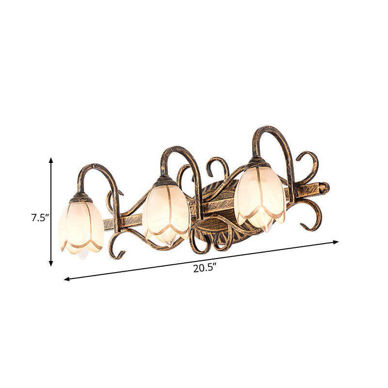 Skørter | 2/3 Lights Frosted Glass Vanity Light Fixture Traditional Antique Brass Flower Shaped Bathroom Lighting Fixture