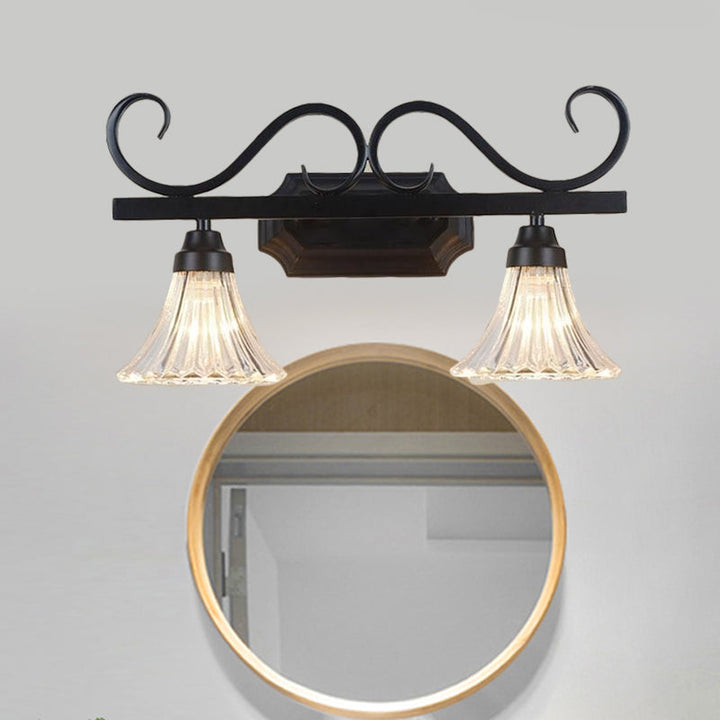 Skørter | Black 2-Light Wall Sconce Traditional Clear Textured Glass Bell Make-Up Lighting for Bathroom