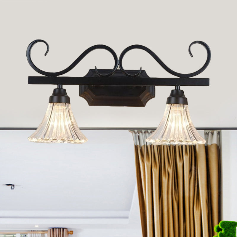 Skørter | Black 2-Light Wall Sconce Traditional Clear Textured Glass Bell Make-Up Lighting for Bathroom