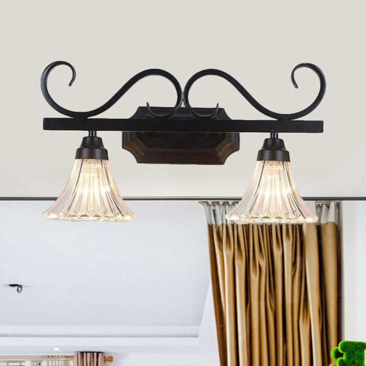 Skørter | Black 2-Light Wall Sconce Traditional Clear Textured Glass Bell Make-Up Lighting for Bathroom