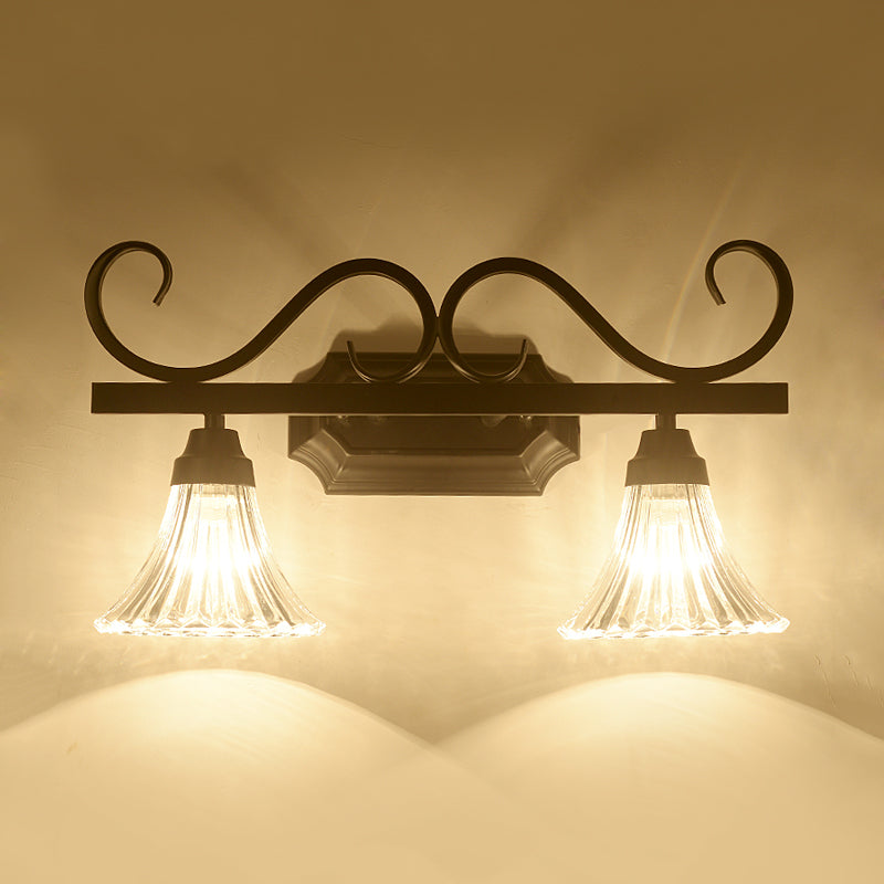 Skørter | Black 2-Light Wall Sconce Traditional Clear Textured Glass Bell Make-Up Lighting for Bathroom