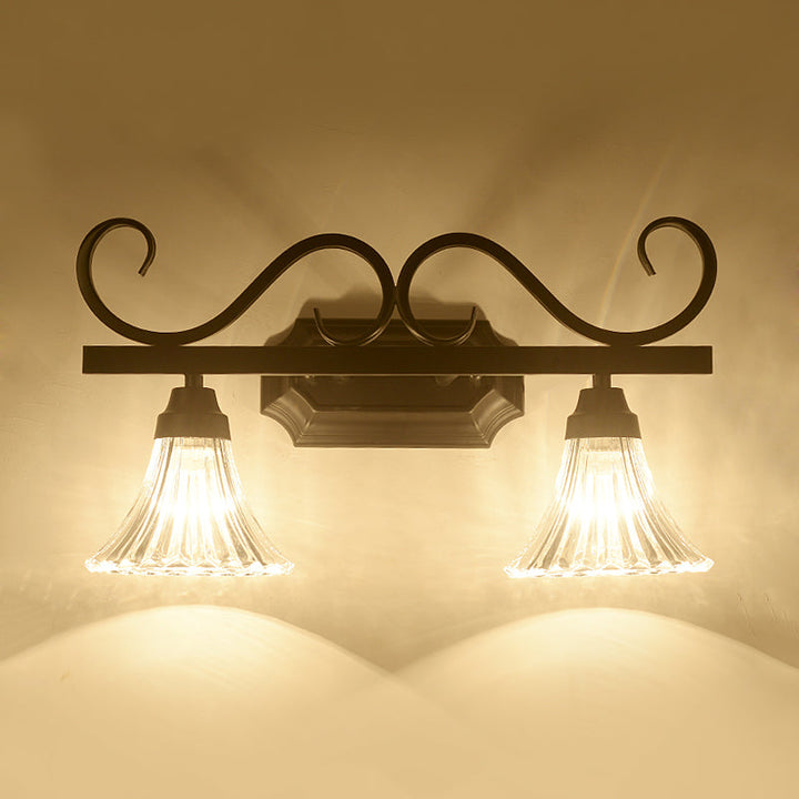 Skørter | Black 2-Light Wall Sconce Traditional Clear Textured Glass Bell Make-Up Lighting for Bathroom
