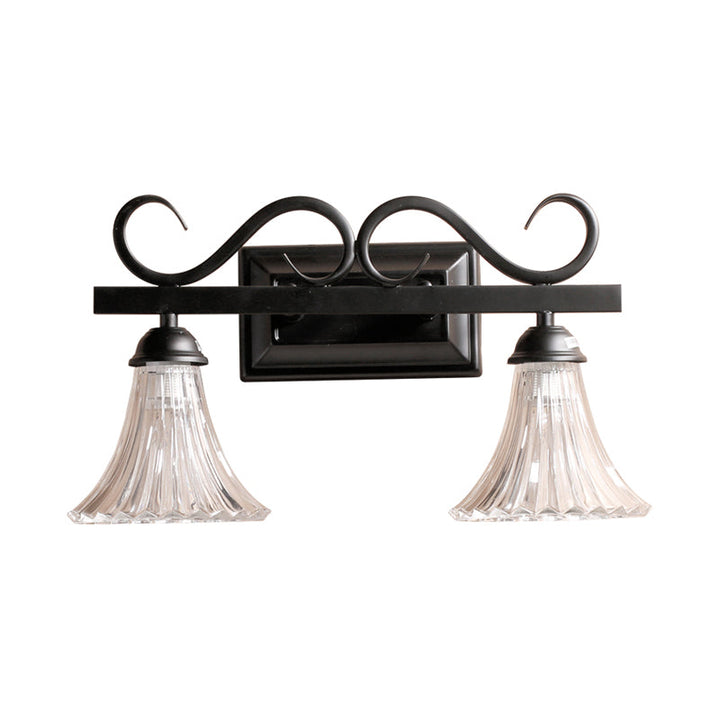 Skørter | Black 2-Light Wall Sconce Traditional Clear Textured Glass Bell Make-Up Lighting for Bathroom