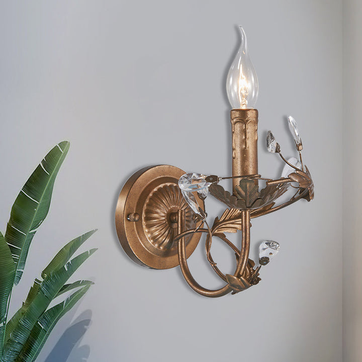 Skørter | Vintage Candle Wall Lamp Light 1 Light Brass Metal Wall Mount Light with Crystal Accent