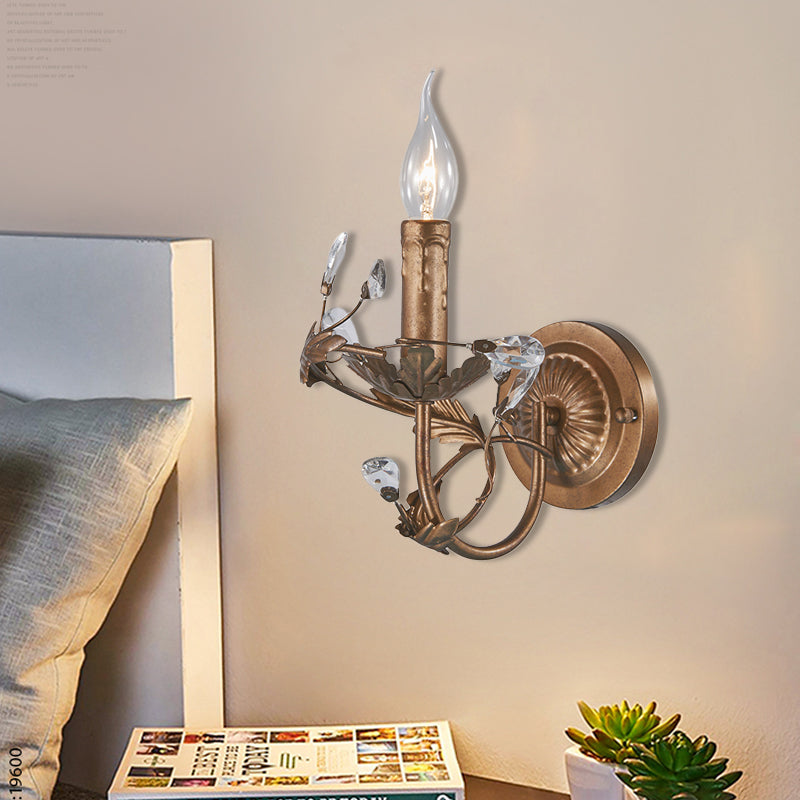 Skørter | Vintage Candle Wall Lamp Light 1 Light Brass Metal Wall Mount Light with Crystal Accent