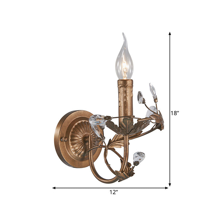 Skørter | Vintage Candle Wall Lamp Light 1 Light Brass Metal Wall Mount Light with Crystal Accent
