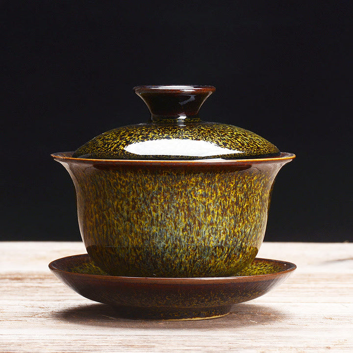 Lisslune | Vintage Kiln Ceramic Gaiwan Sancai Tea Cup Tea Cup and Saucer with Lid
