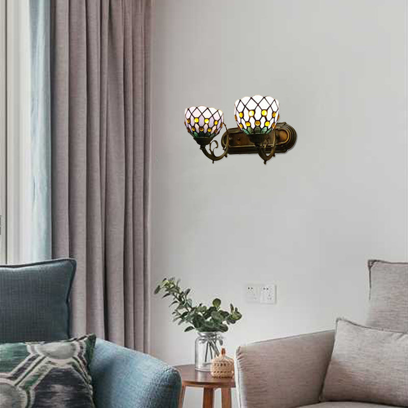 Lisslune | Tiffany Classic Dome Wall Lamp with Bead 2 Heads Swept Glass Wall Lamp in Red/Yellow for Hotel