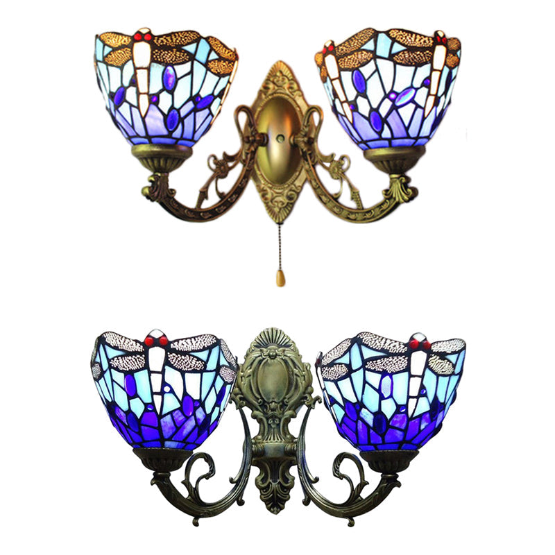Lisslune | 8.5"/11" Width Dragonfly Living Room Wall Lamp Stained Glass 2 Heads Tiffany Vintage Wall Light in Blue