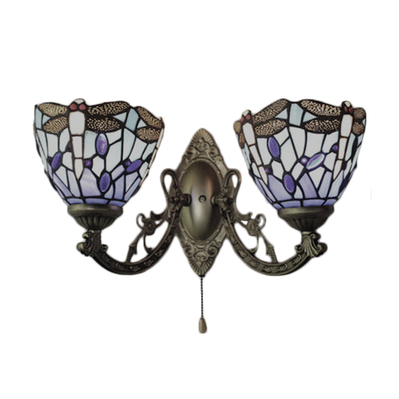 Lisslune | 8.5"/11" Width Dragonfly Living Room Wall Lamp Stained Glass 2 Heads Tiffany Vintage Wall Light in Blue