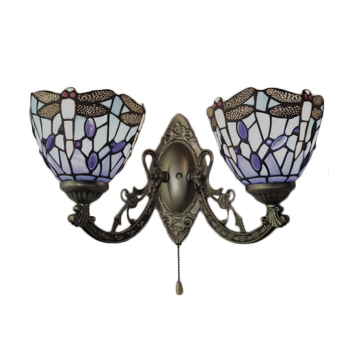 Lisslune | 8.5"/11" Width Dragonfly Living Room Wall Lamp Stained Glass 2 Heads Tiffany Vintage Wall Light in Blue