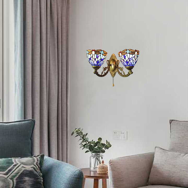 Lisslune | 8.5"/11" Width Dragonfly Living Room Wall Lamp Stained Glass 2 Heads Tiffany Vintage Wall Light in Blue