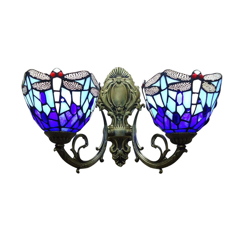 Lisslune | 8.5"/11" Width Dragonfly Living Room Wall Lamp Stained Glass 2 Heads Tiffany Vintage Wall Light in Blue