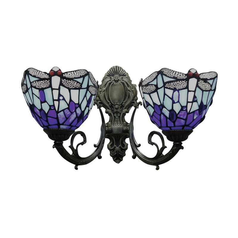 Lisslune | 8.5"/11" Width Dragonfly Living Room Wall Lamp Stained Glass 2 Heads Tiffany Vintage Wall Light in Blue