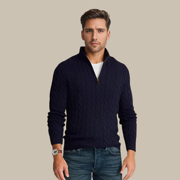Lisslune | Zipper sweater for men | Stylish knit sweater in cable pattern with V-neck and zipper